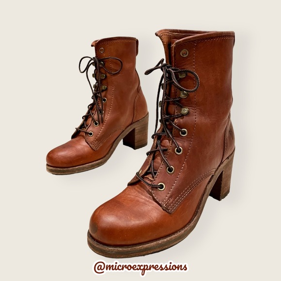 Frye Karen Cognac Leather Combat Lace Up Combat Wood Block Heeled Ankle Booties - Picture 11 of 14